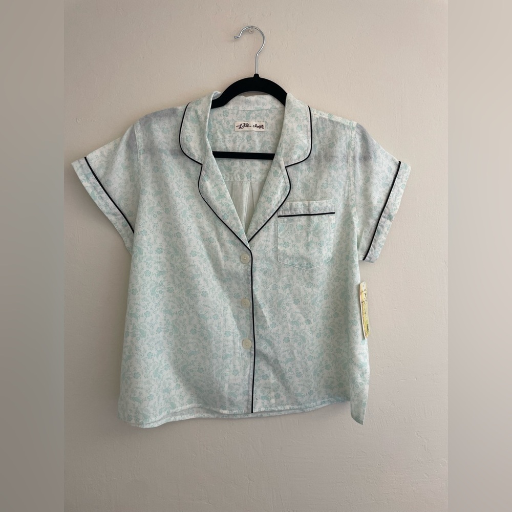 Blue Floral Pajama Top with Black Piping details camp collar NWT